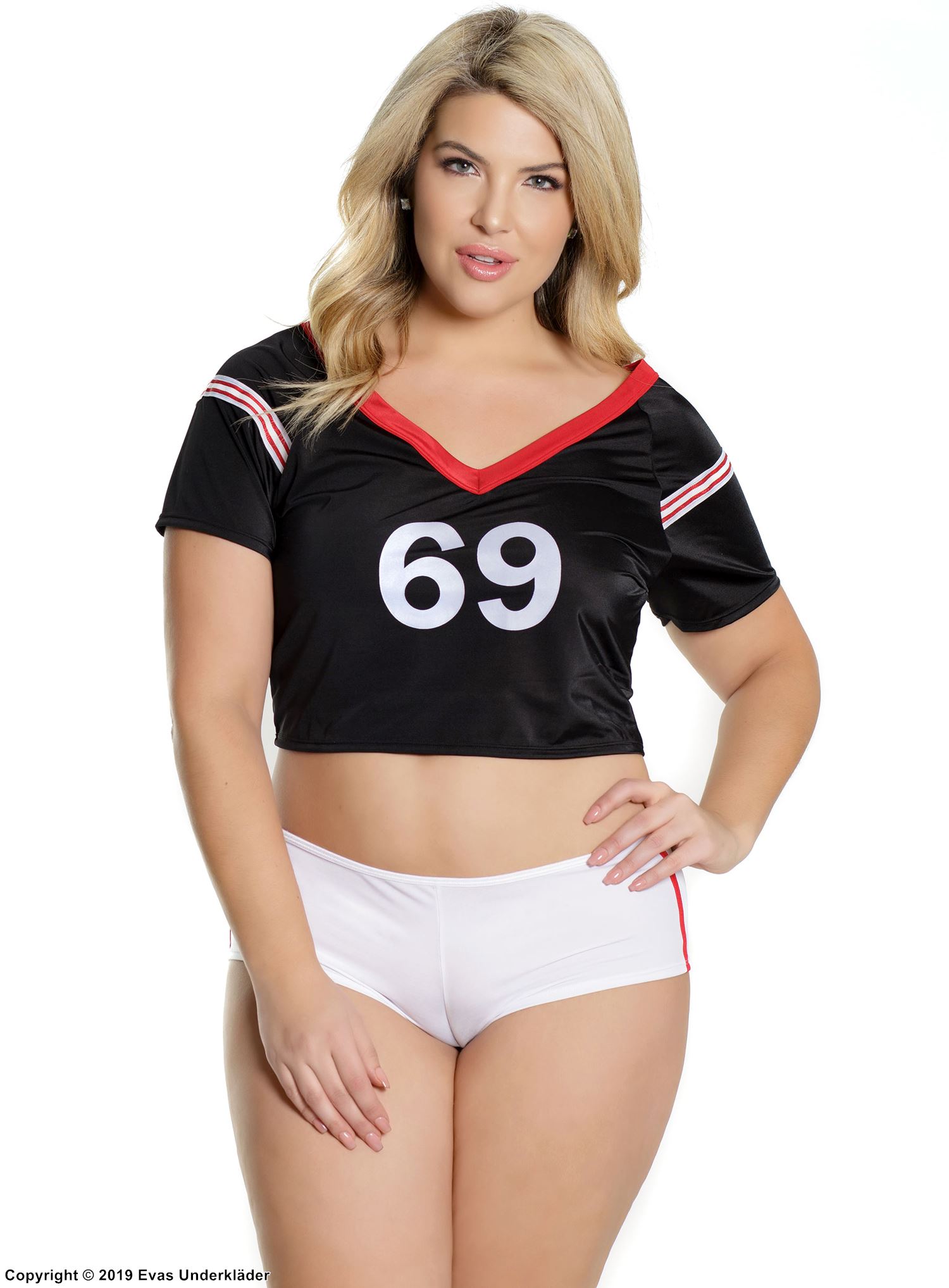 Weibliche amerikanische Football-Fan, Crop Top und Höschen, kurze Ärmel, Plus Size